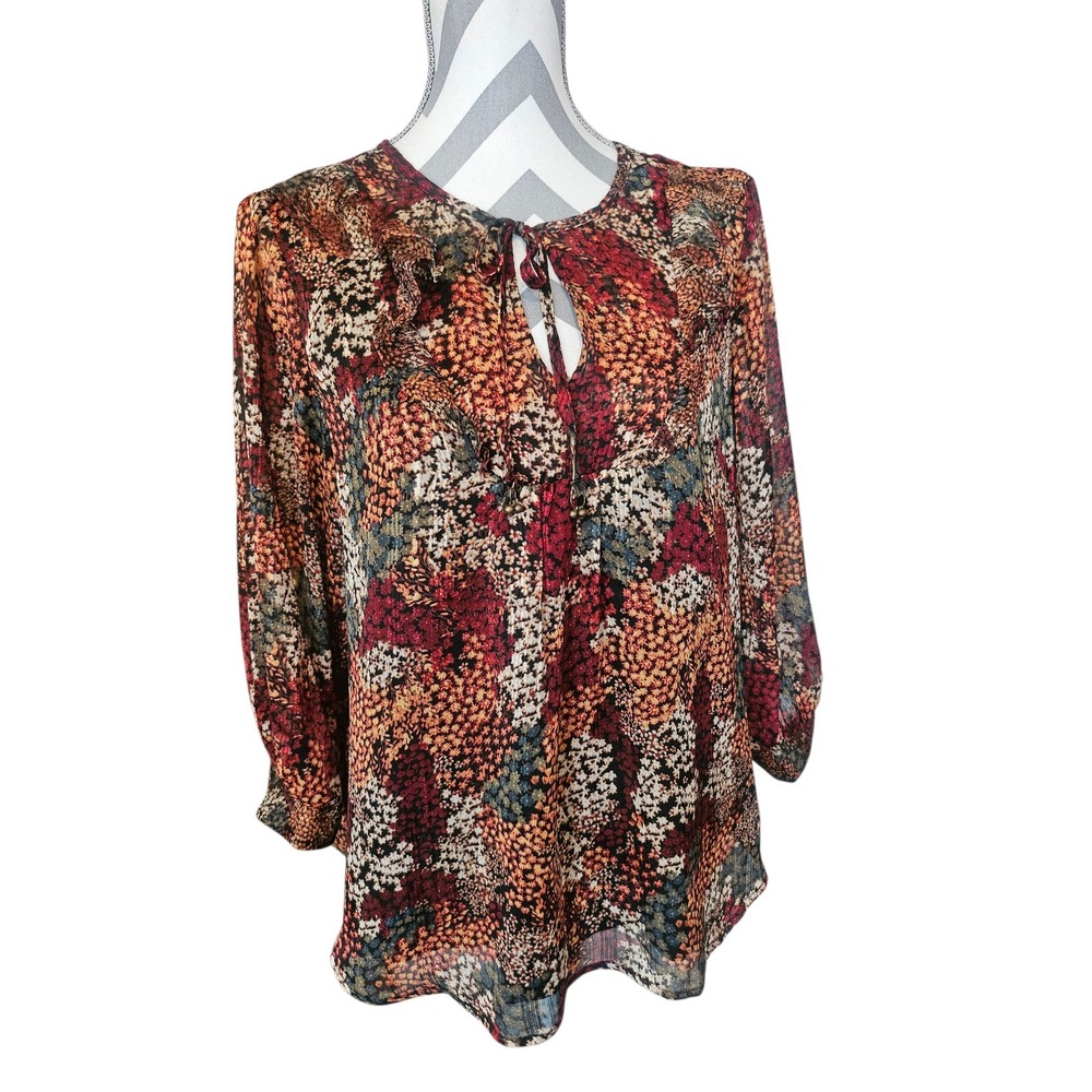 Frye and Co Womens Floral Lurex Metallic Ruffle Tie Neck Blouse‎ Top Burgundy L